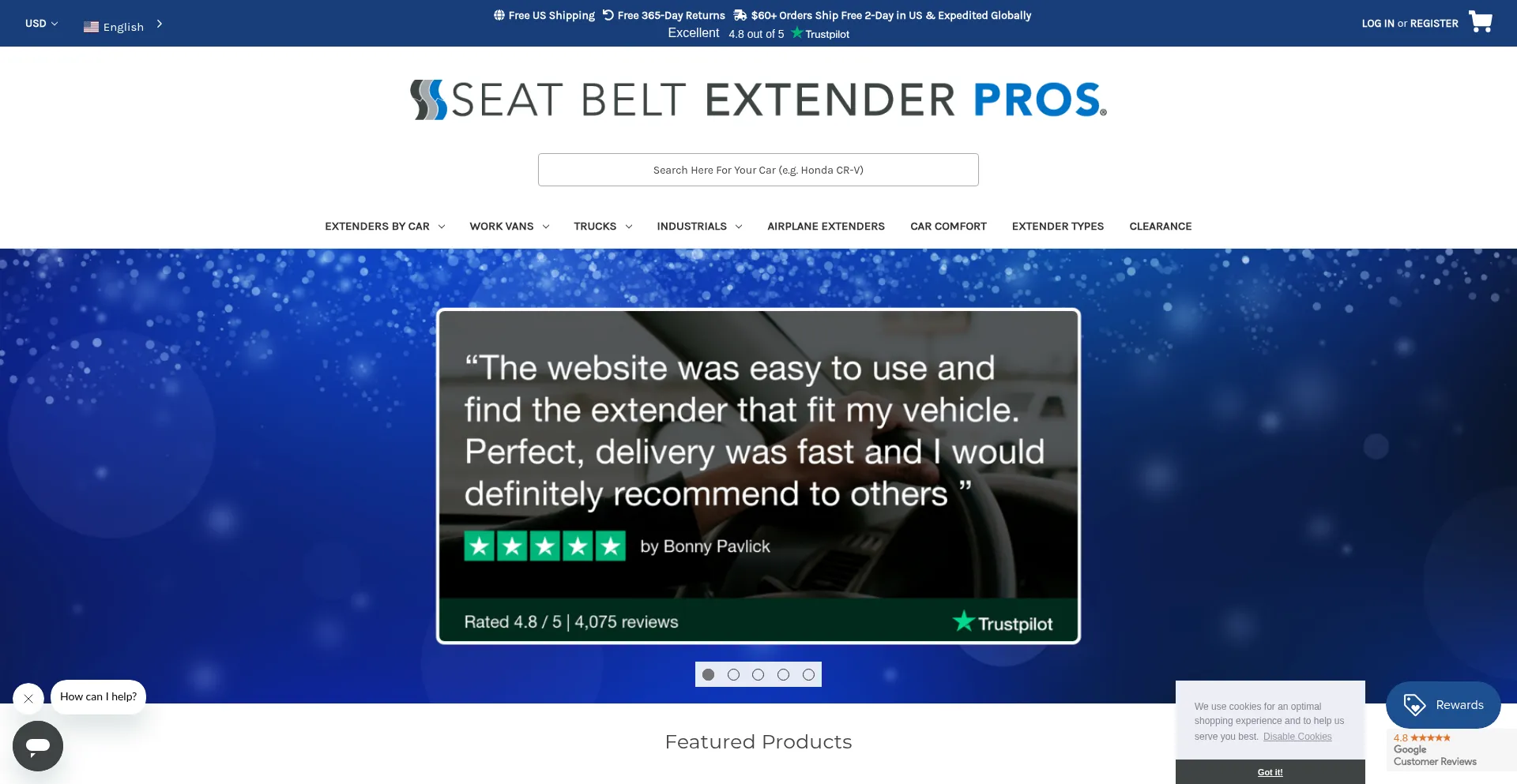 Website screenshot of Seatbeltextenderpros.com