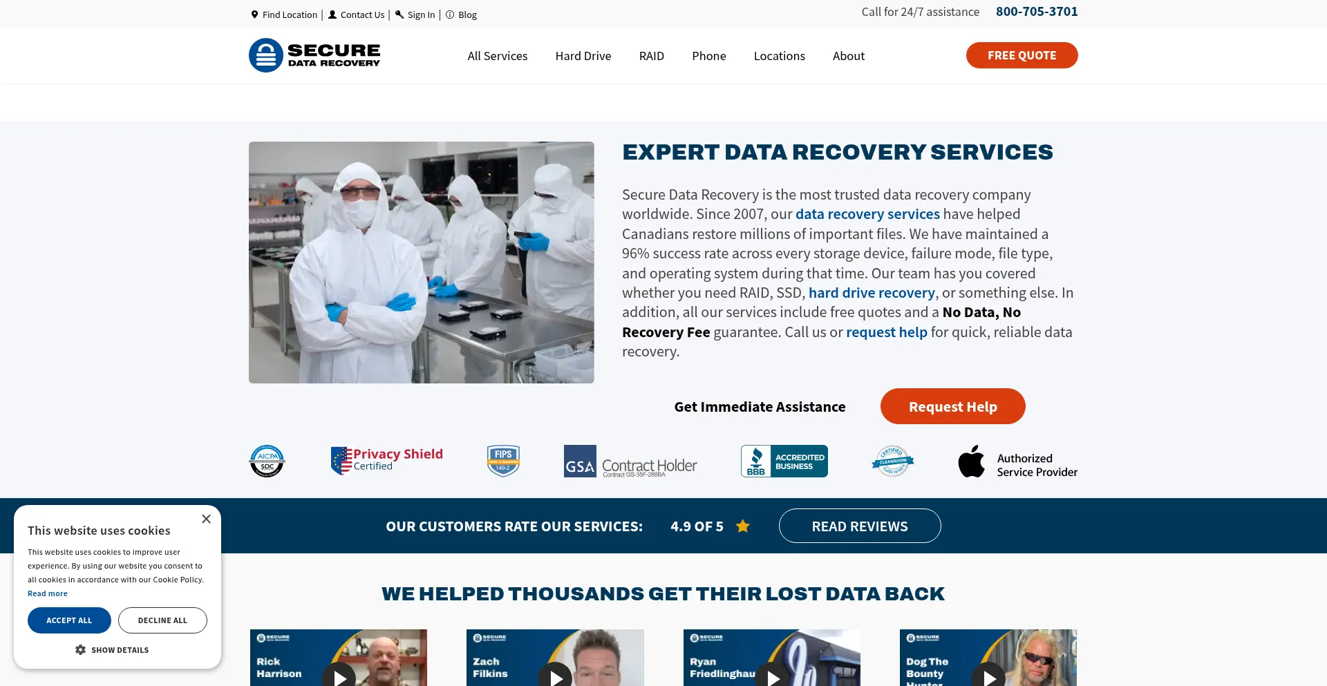 Website screenshot of Securedatarecovery.ca
