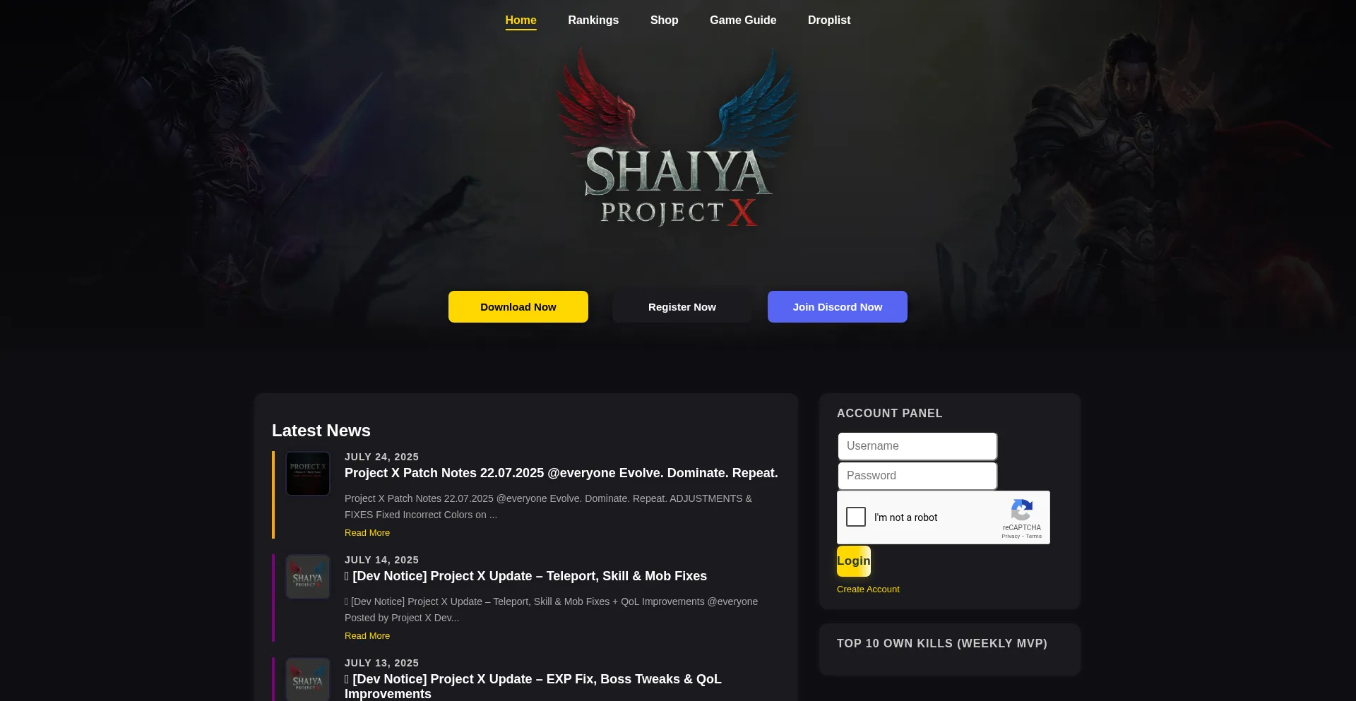 Website screenshot of Shaiya-projectx.com
