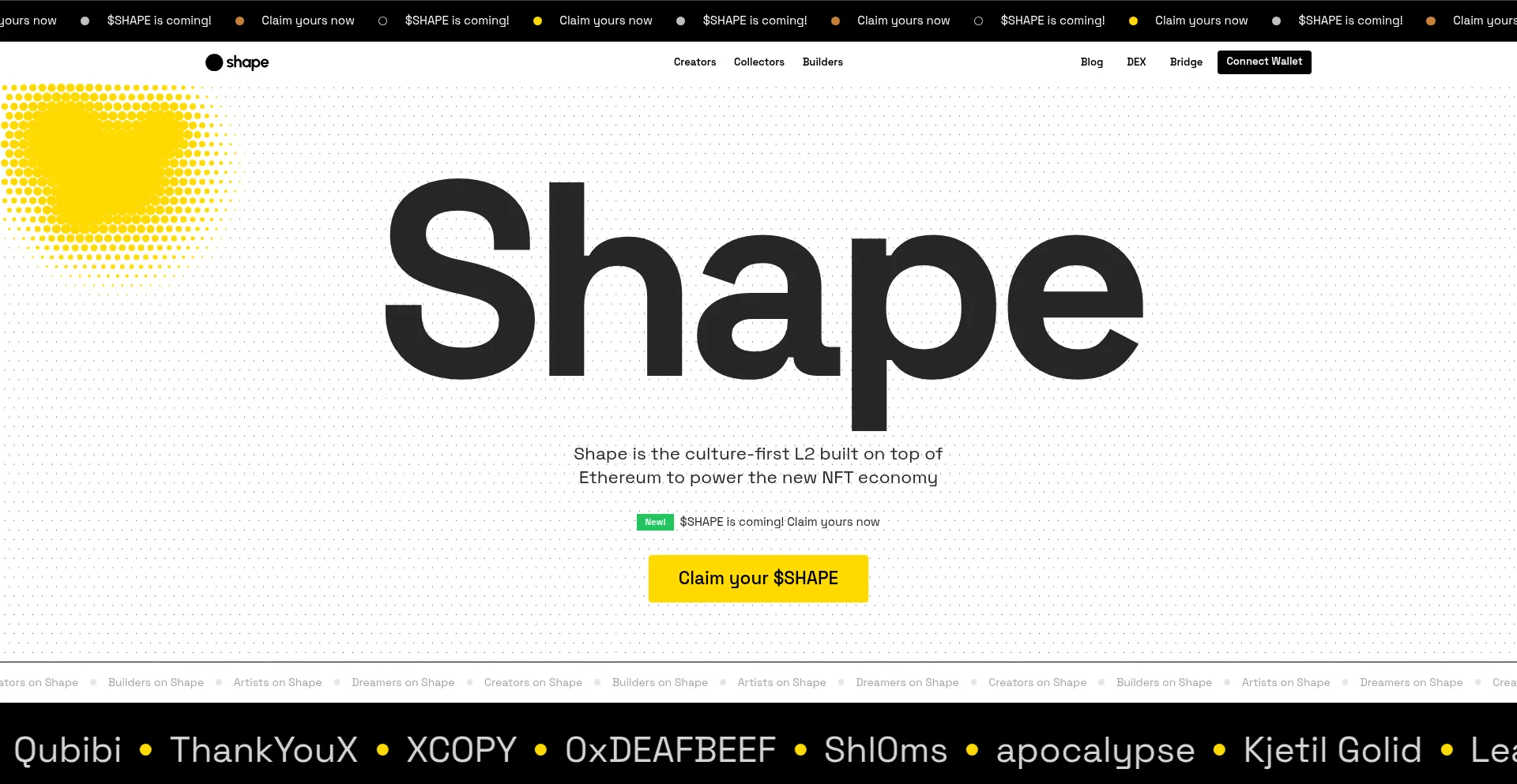 Website screenshot of Shape.network