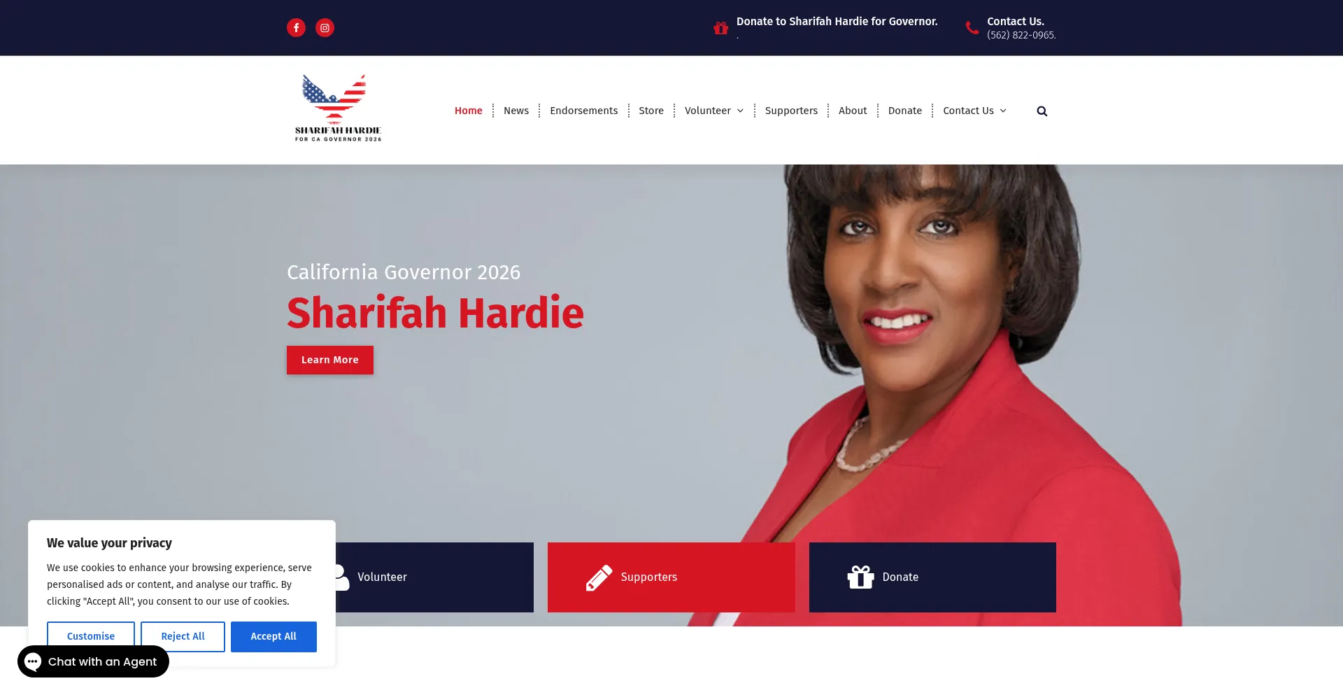 Website screenshot of Sharifahhardieforgovernor.com