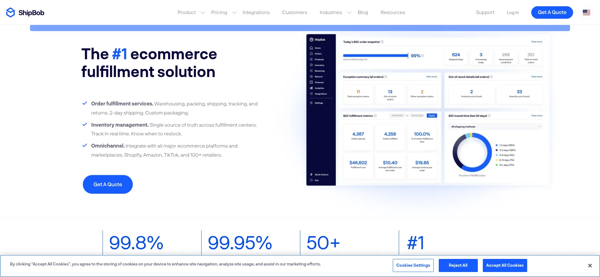 Website screenshot of Shipbob.com