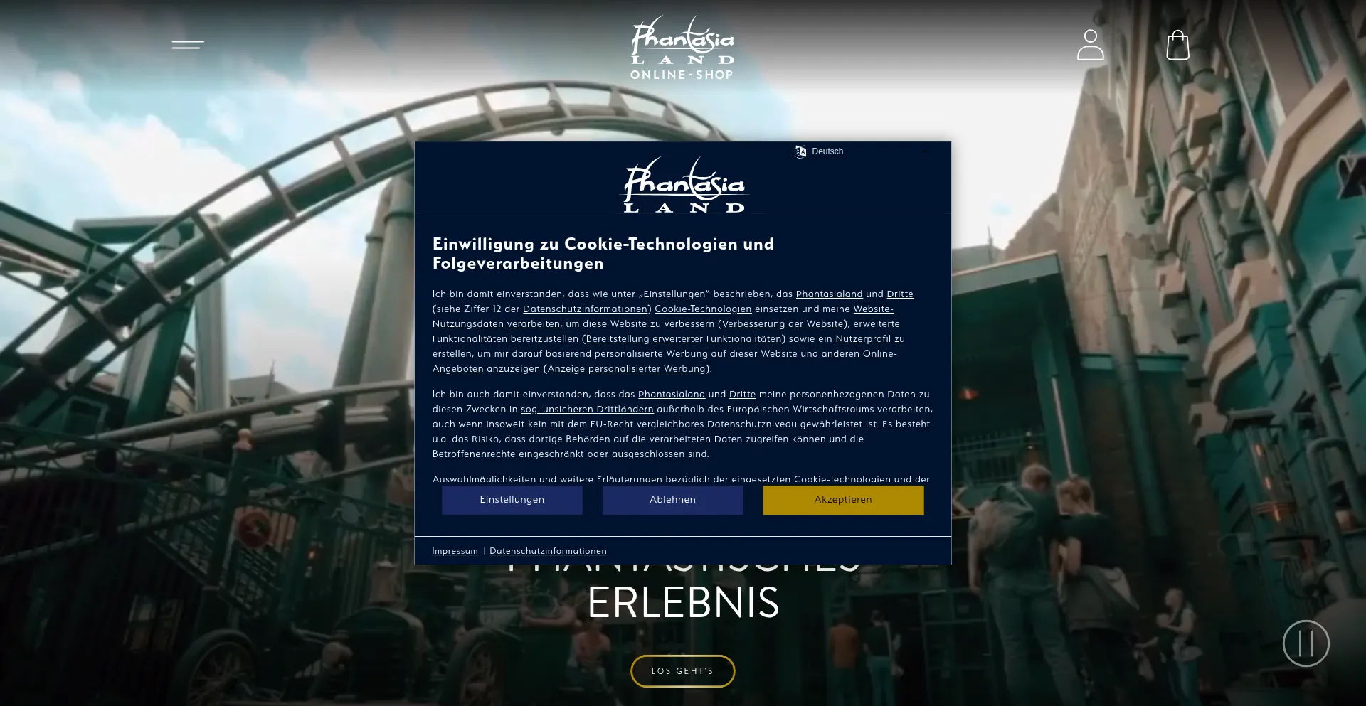 Website screenshot of Shop.phantasialand.de
