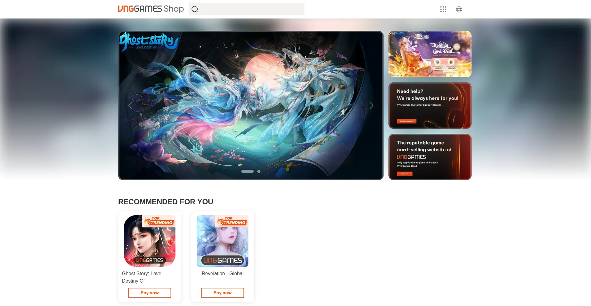 Website screenshot of Shop.vnggames.com