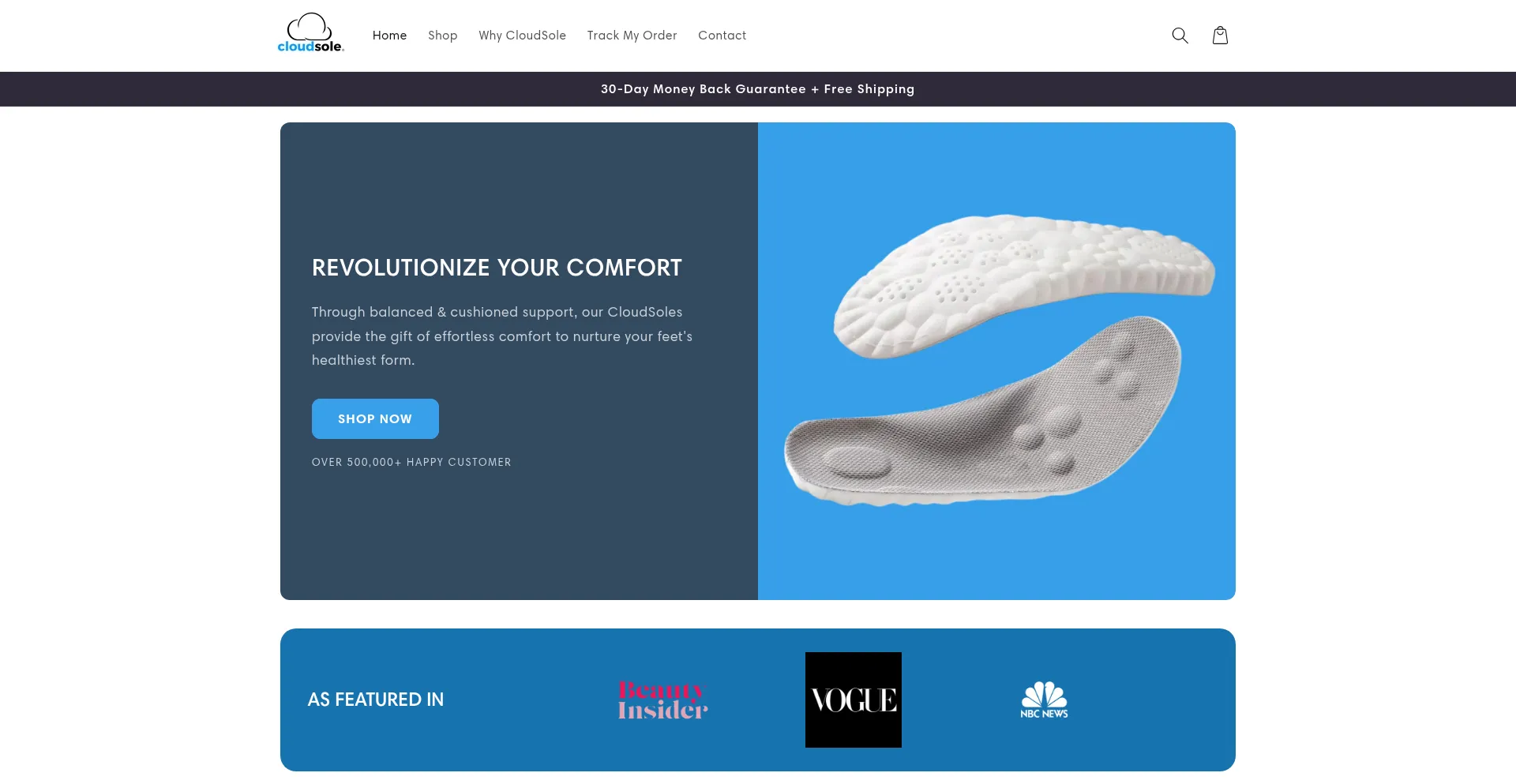 Website screenshot of Shopcloudsole.com