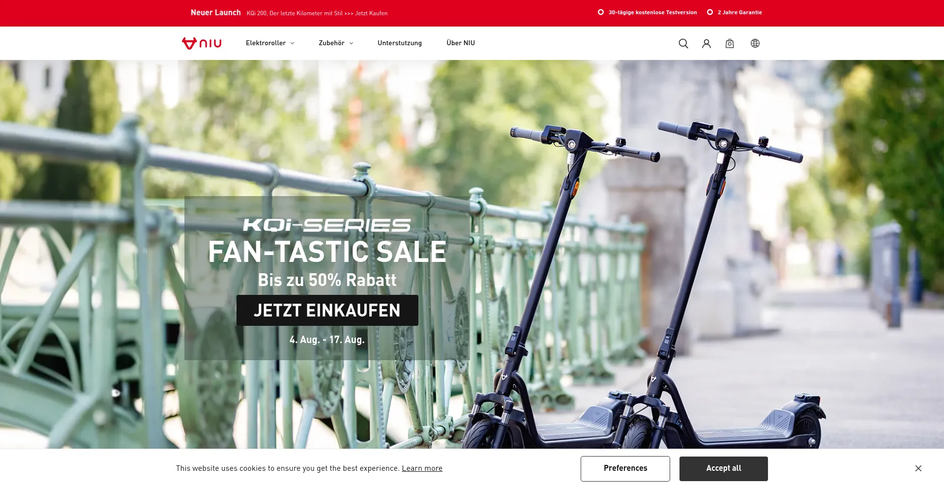 Website screenshot of Shopde.niu.com
