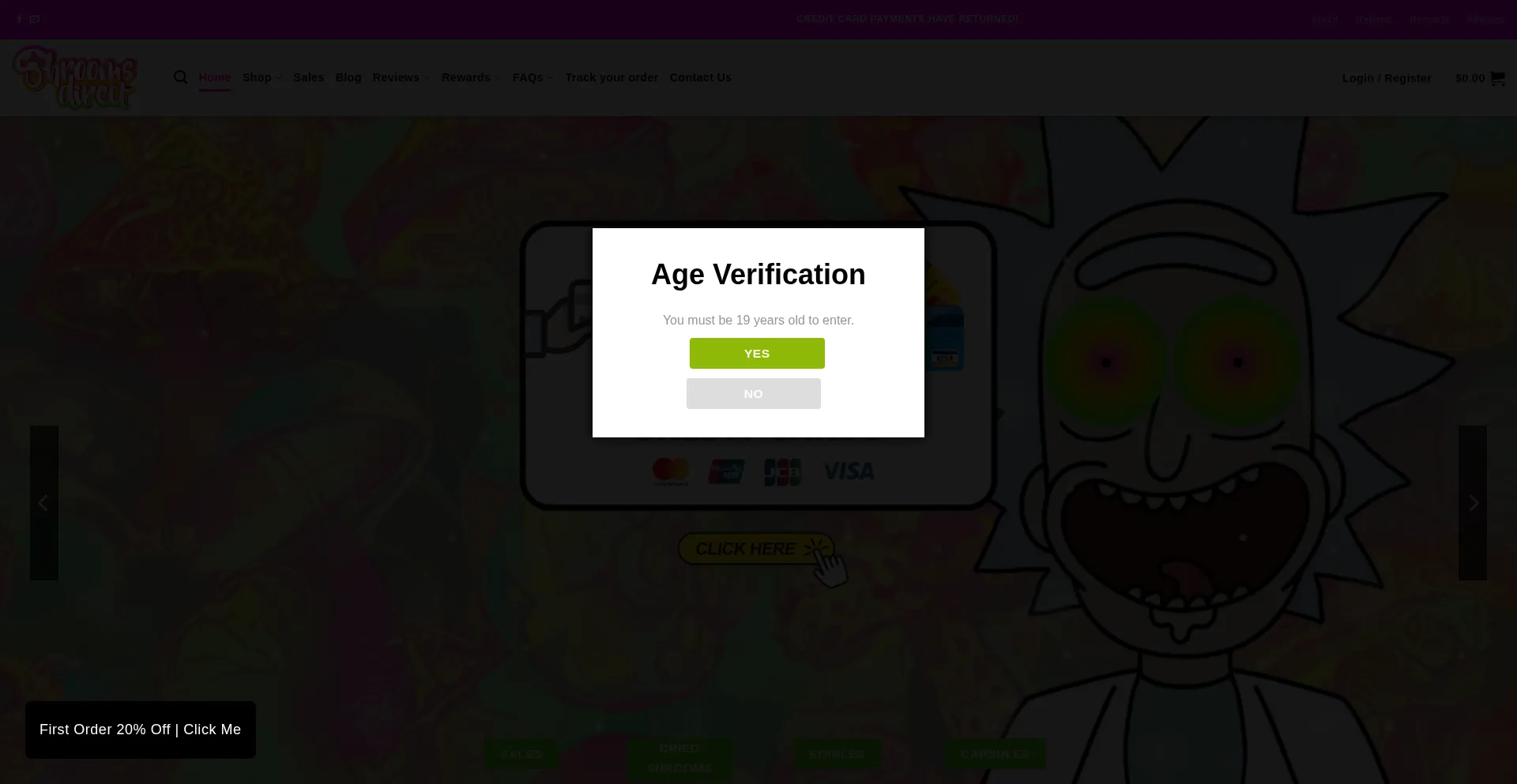 Website screenshot of Shroomsdirect.io