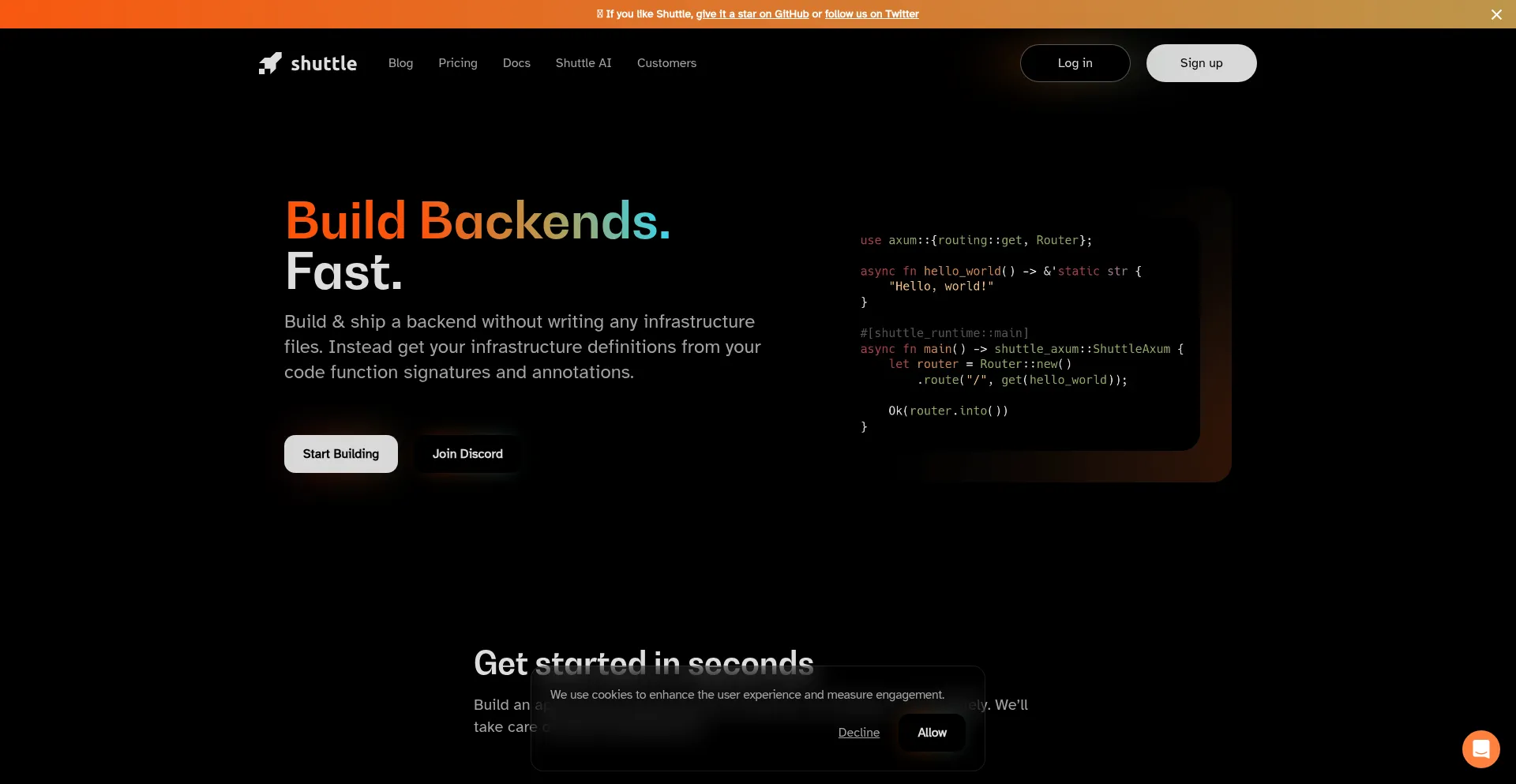 Website screenshot of Shuttle.rs