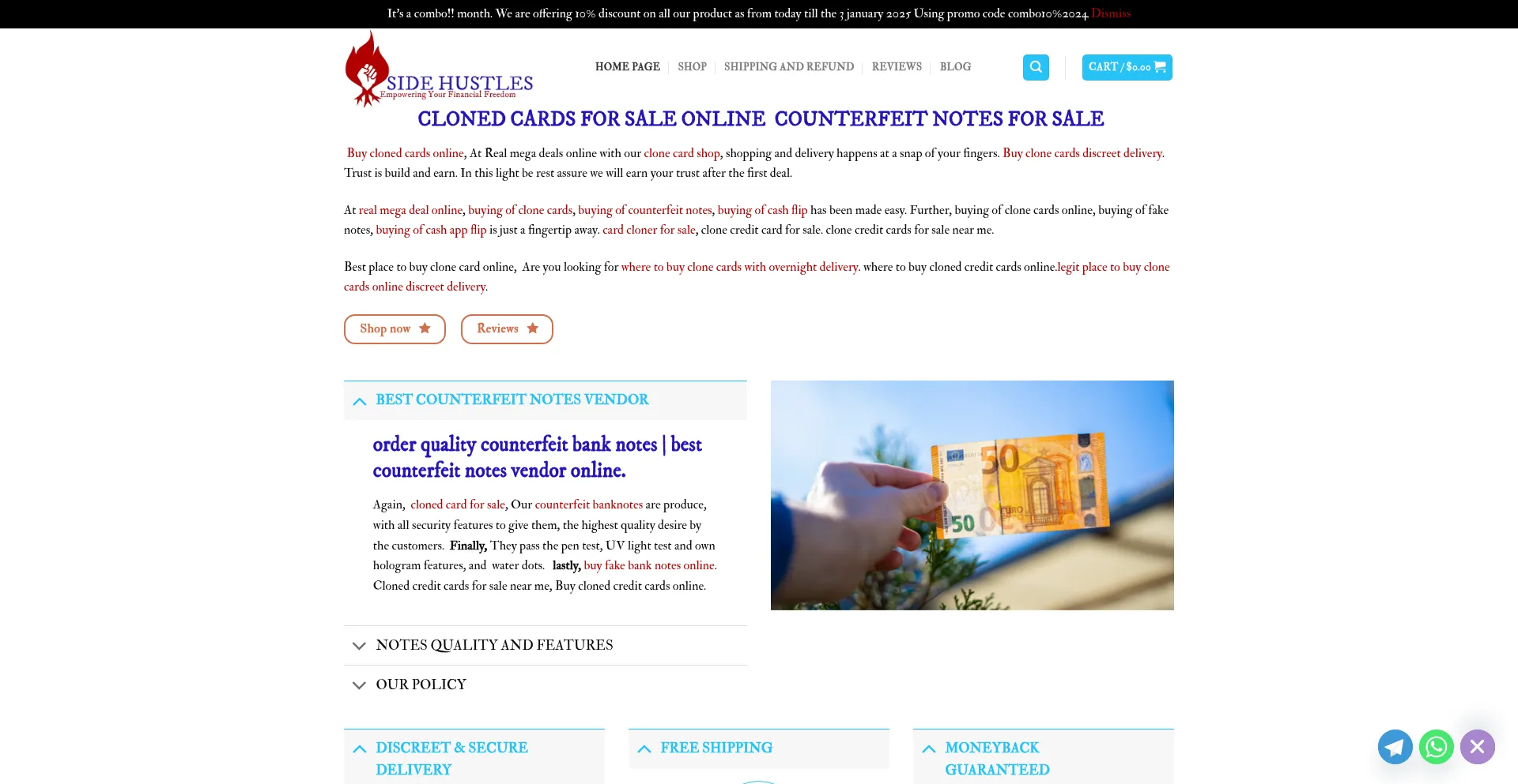Website screenshot of Sidehustlessite.com