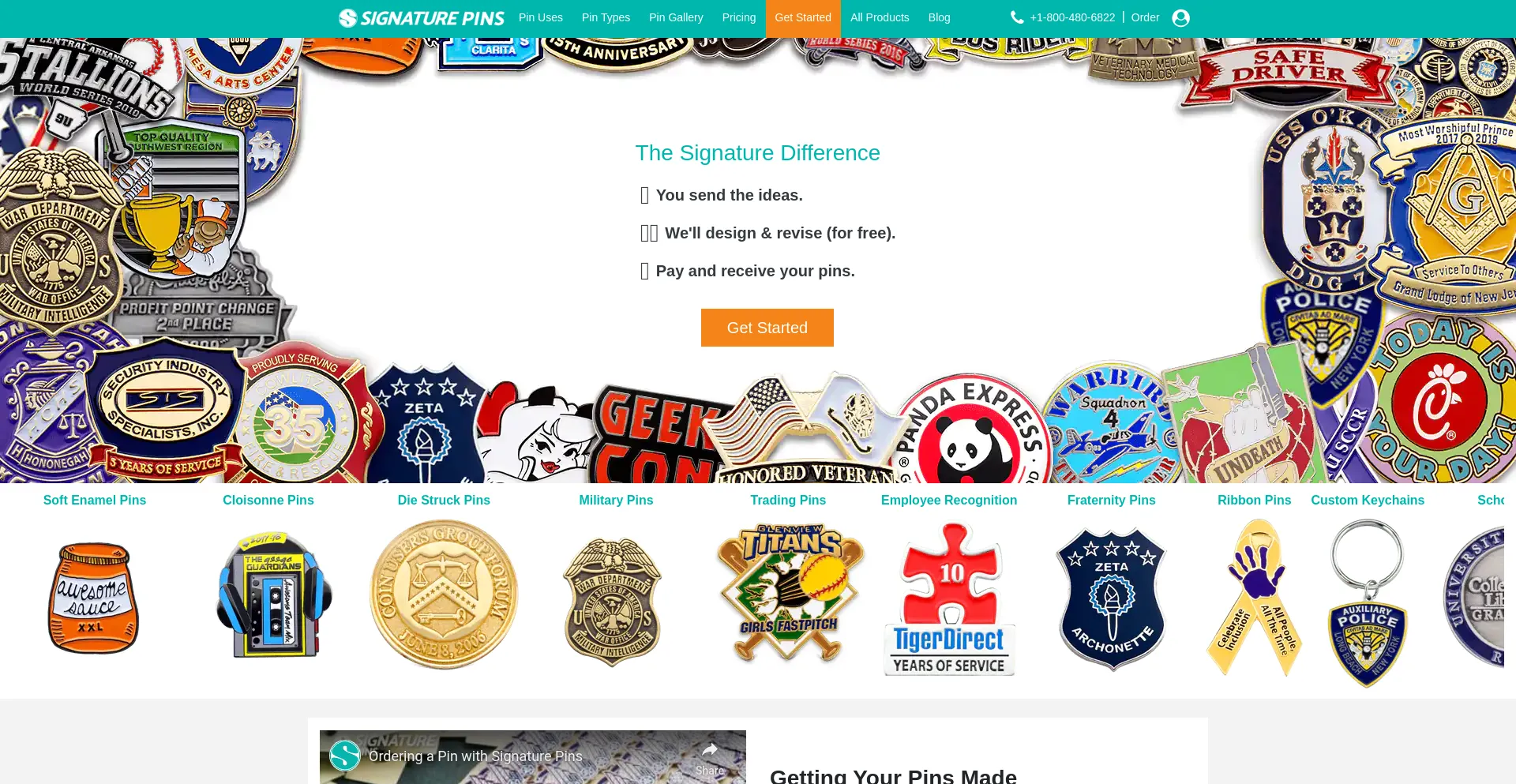 Website screenshot of Signaturepins.com