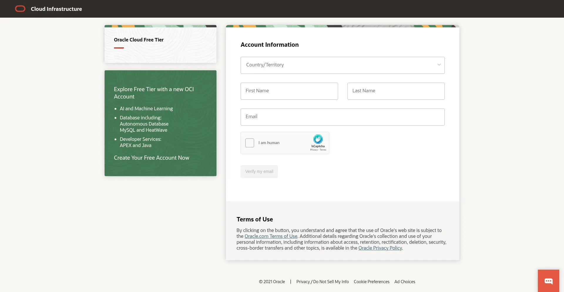 Website screenshot of Signup.cloud.oracle.com
