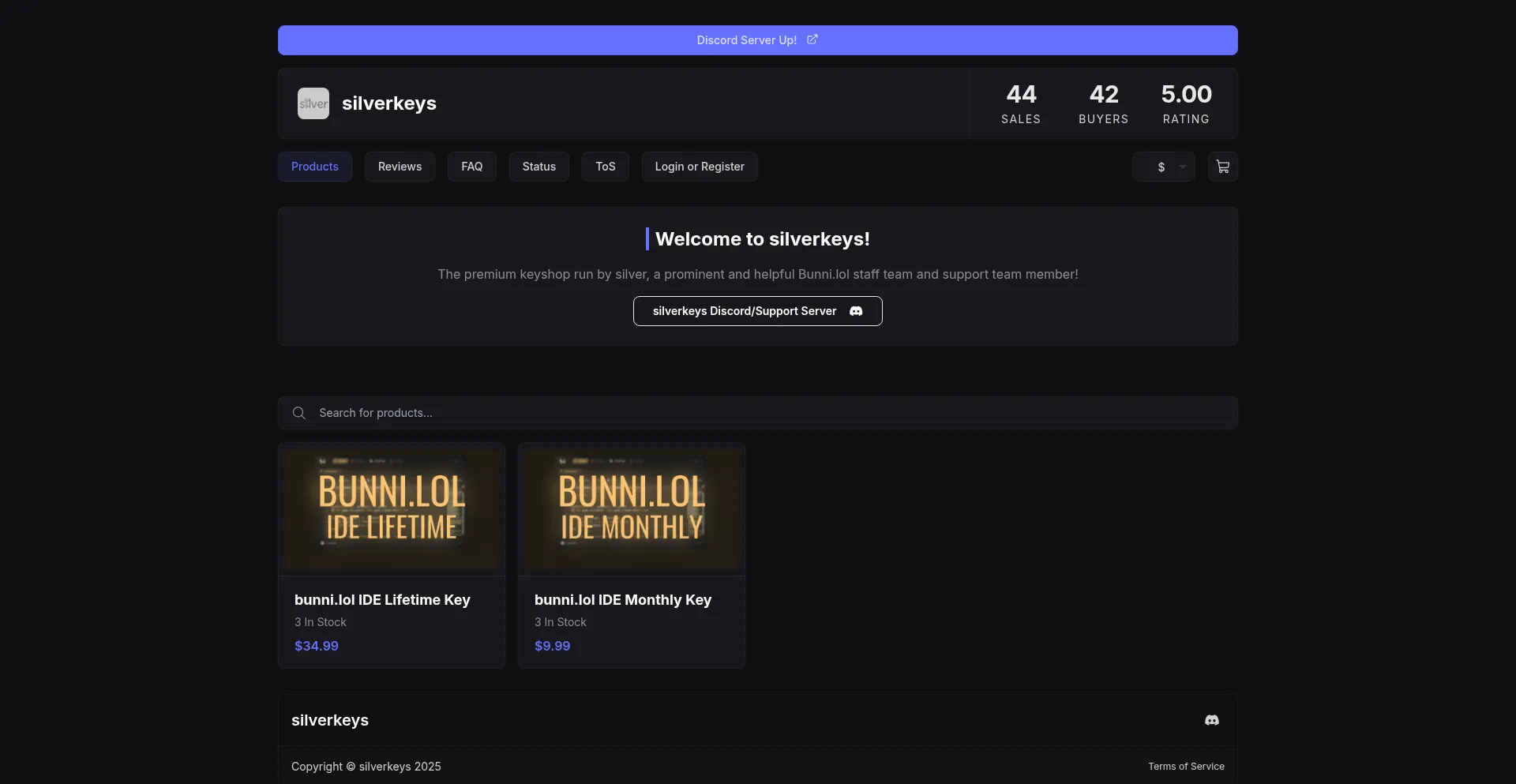 Website screenshot of Silverkeys.mysellauth.com