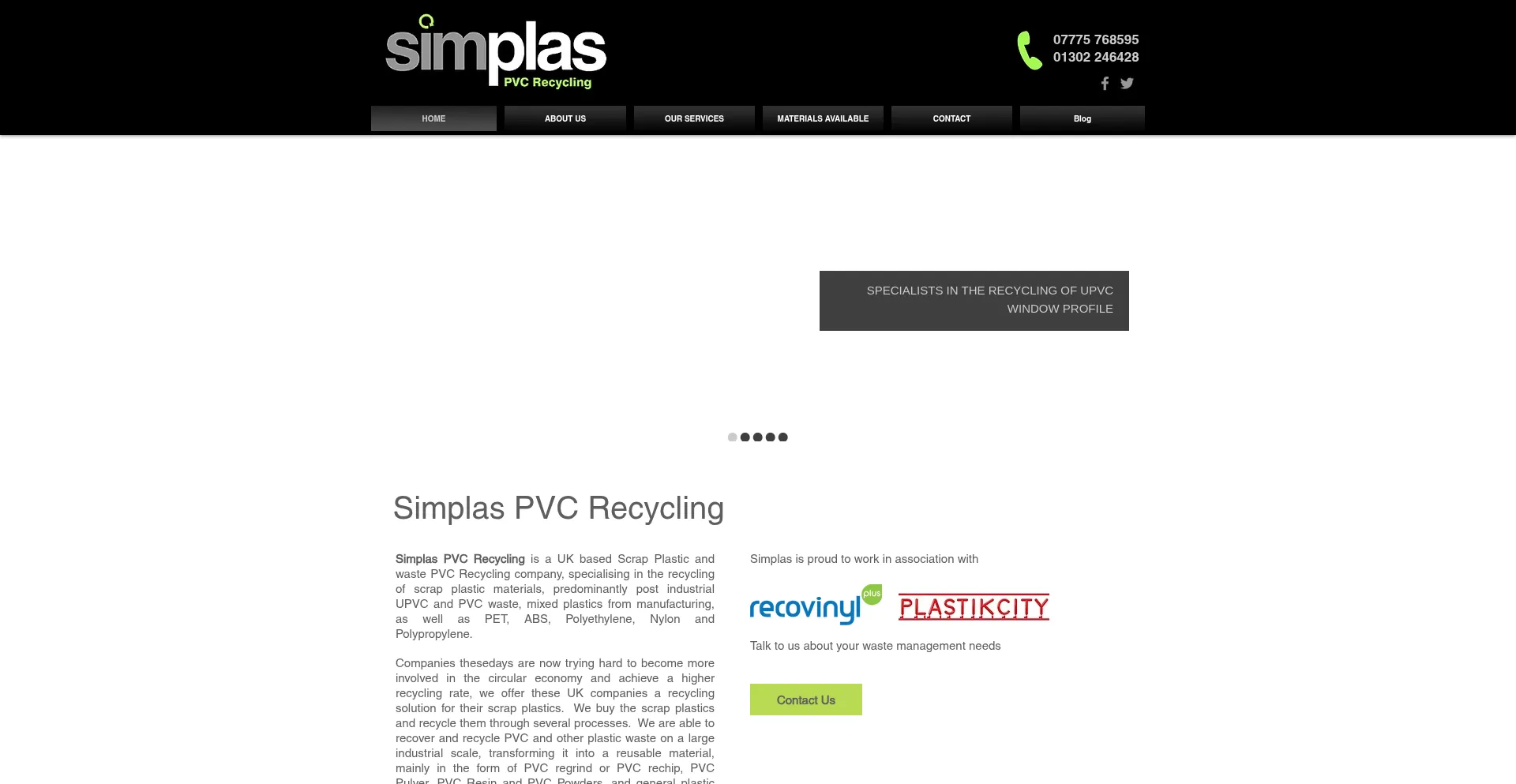 Website screenshot of Simplaspvcrecycling.co.uk