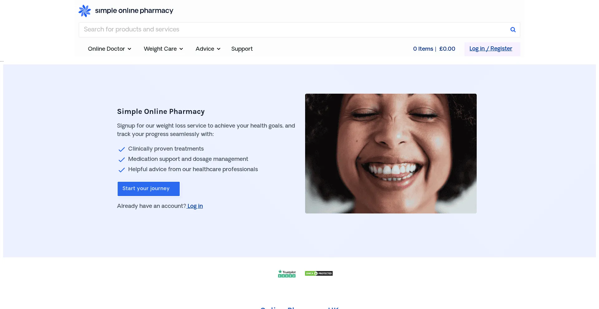 Website screenshot of Simpleonlinepharmacy.co.uk