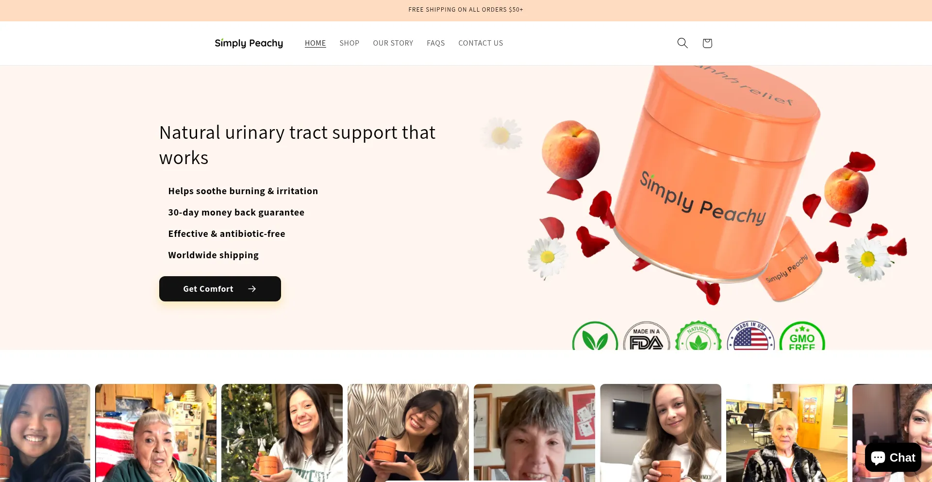 Website screenshot of Simplypeachytea.com