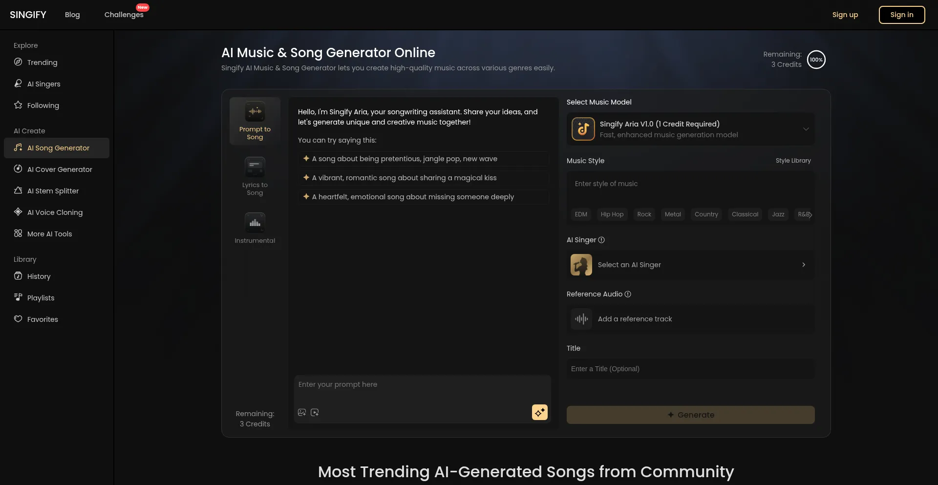 Website screenshot of Singify.fineshare.com
