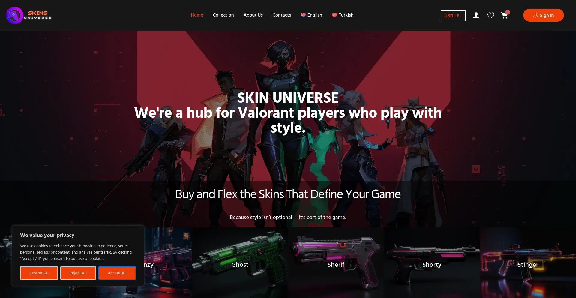 Website screenshot of Skins-universe.com