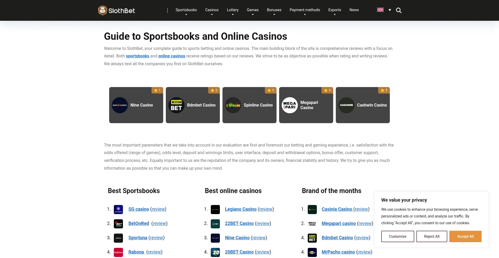 Website screenshot of Slothbet.com