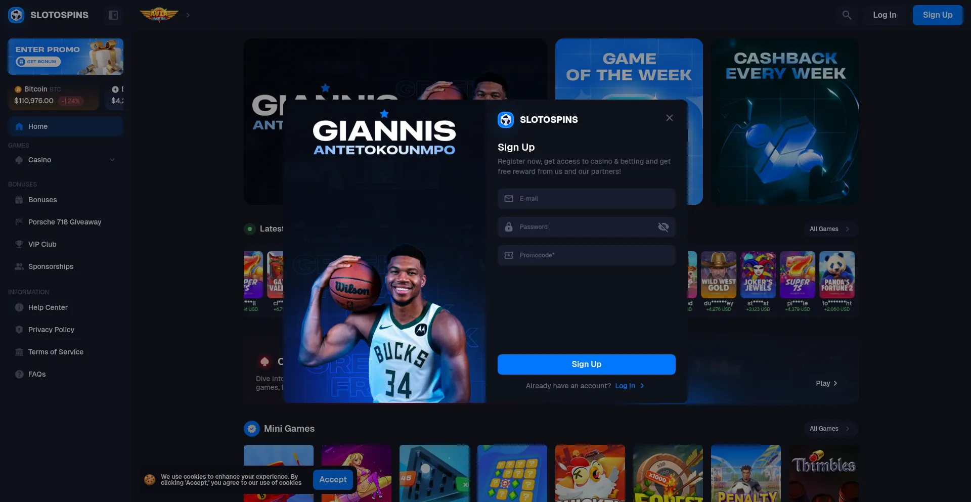 Website screenshot of Slotospins.com