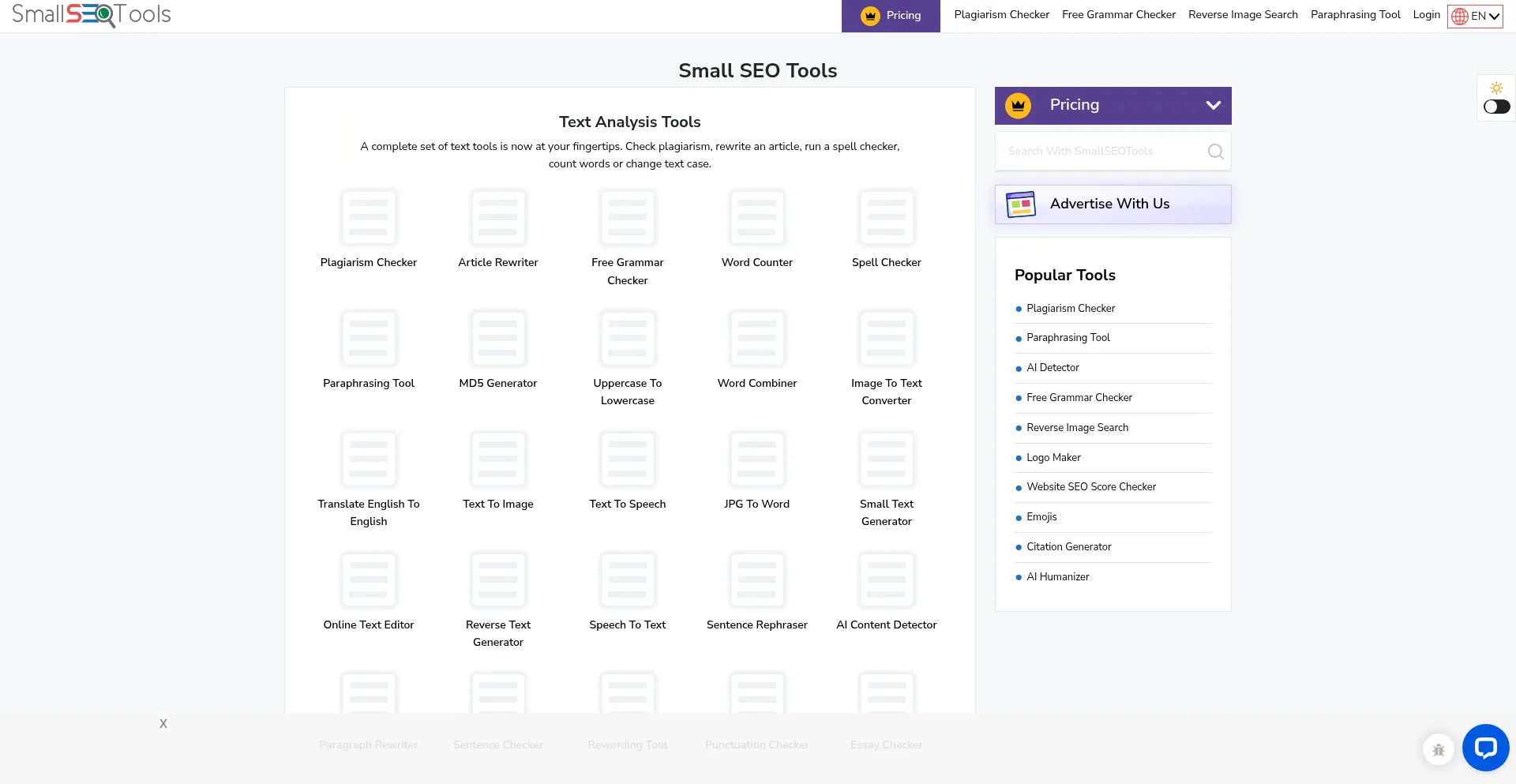 Website screenshot of Smallseotools.com