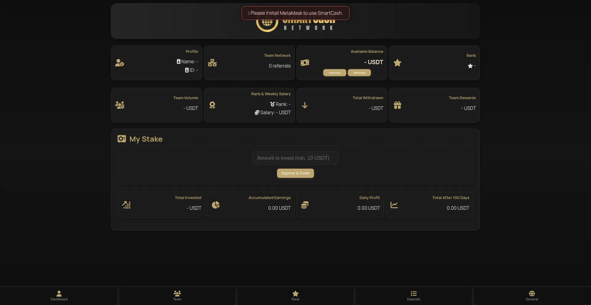 Website screenshot of Smartcashnetwork.app