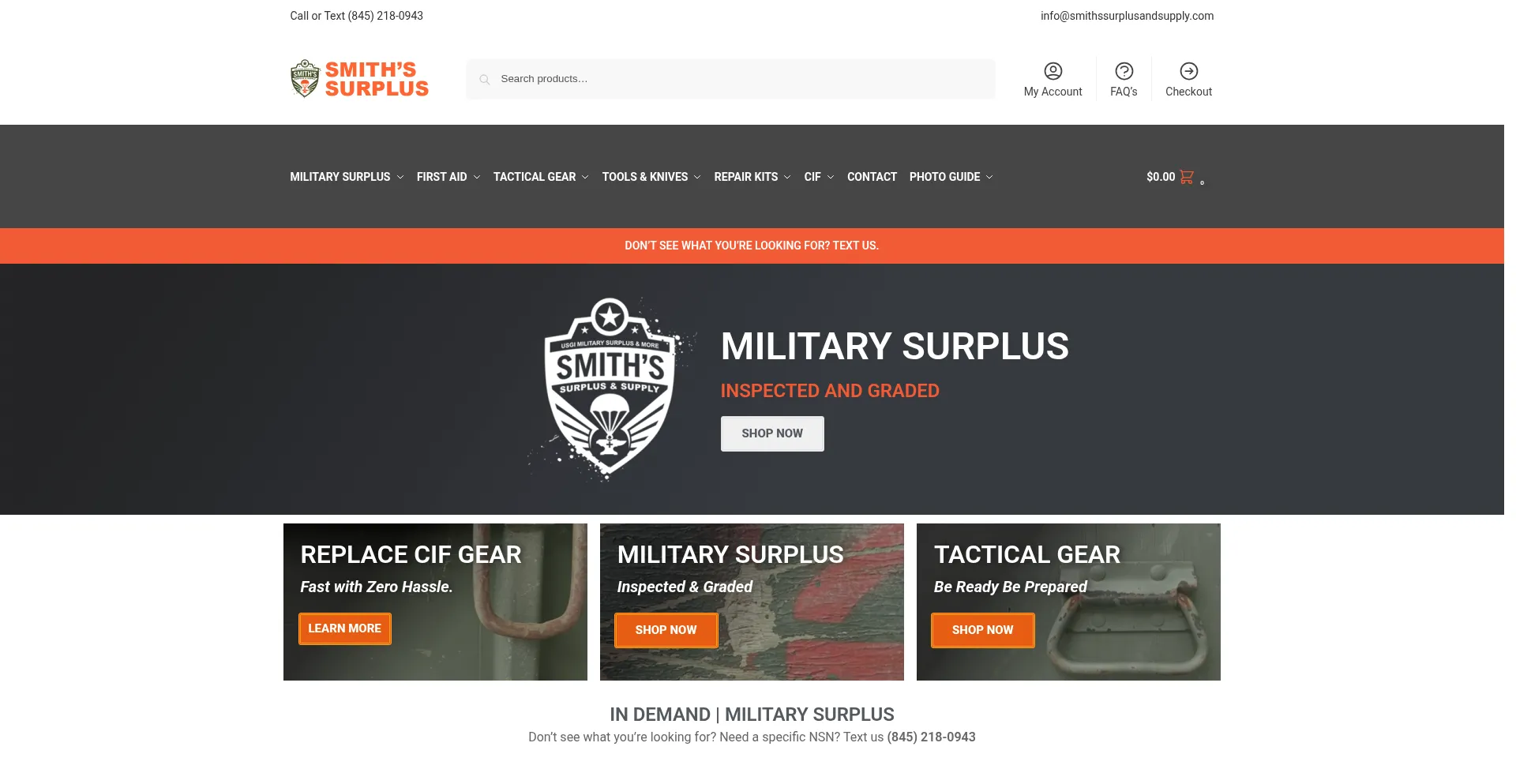 Website screenshot of Smithssurplusandsupply.com