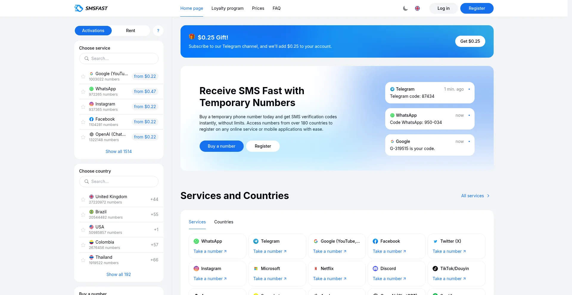 Website screenshot of Smsfast.com