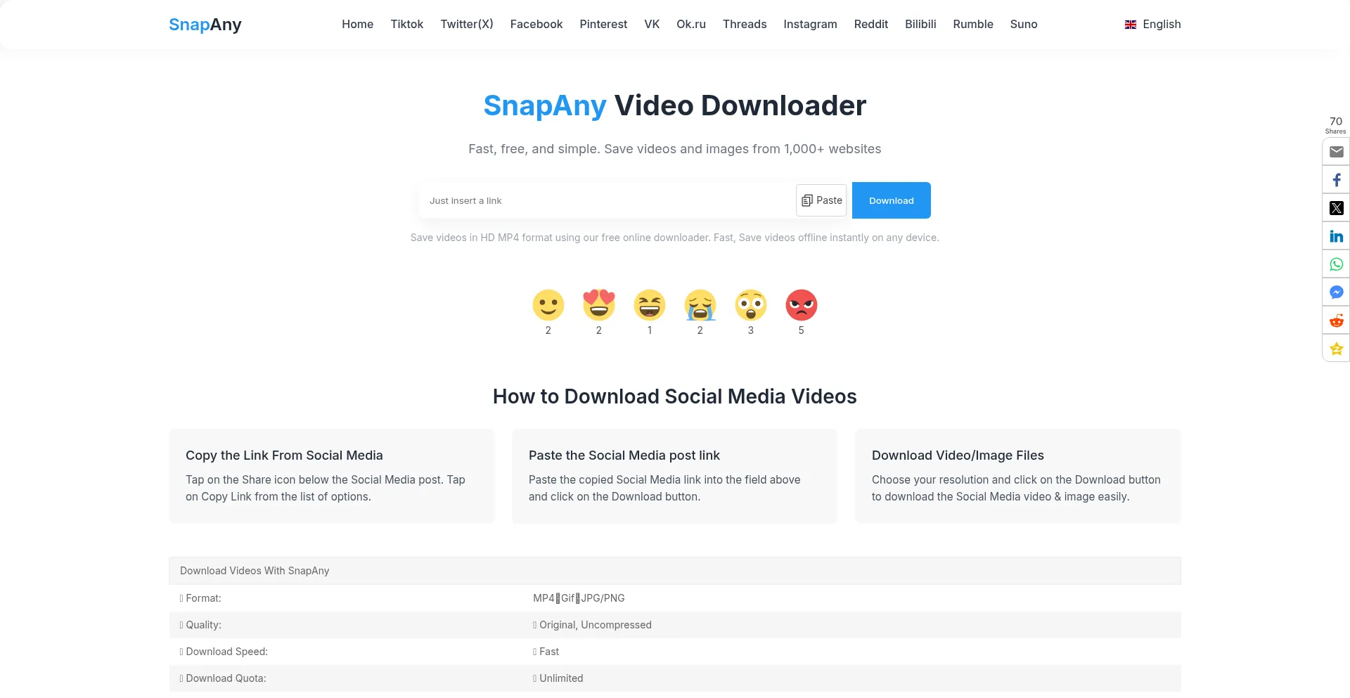 Website screenshot of Snapany.org