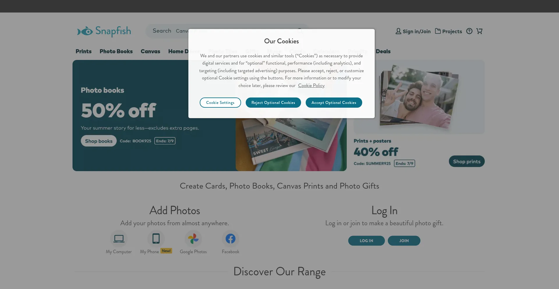 Website screenshot of Snapfish.co.uk