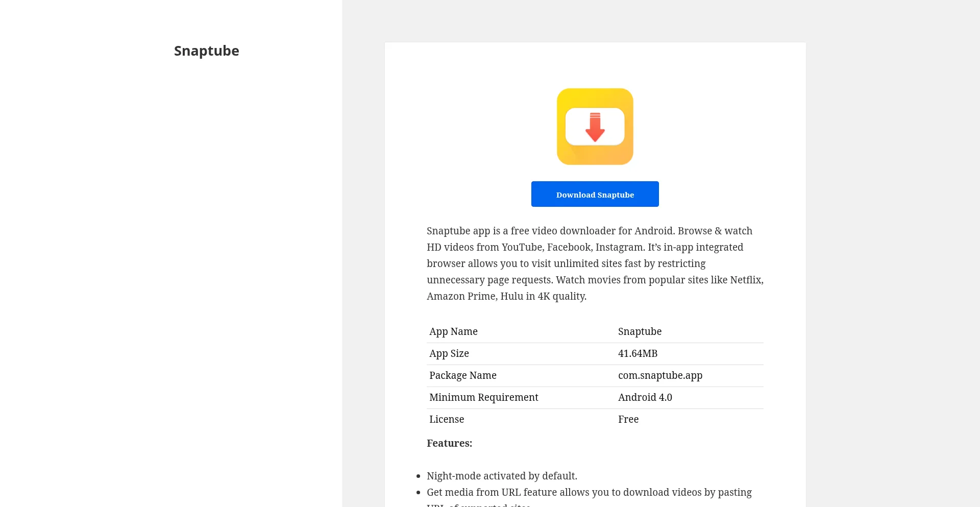 Website screenshot of Snaptube.dev