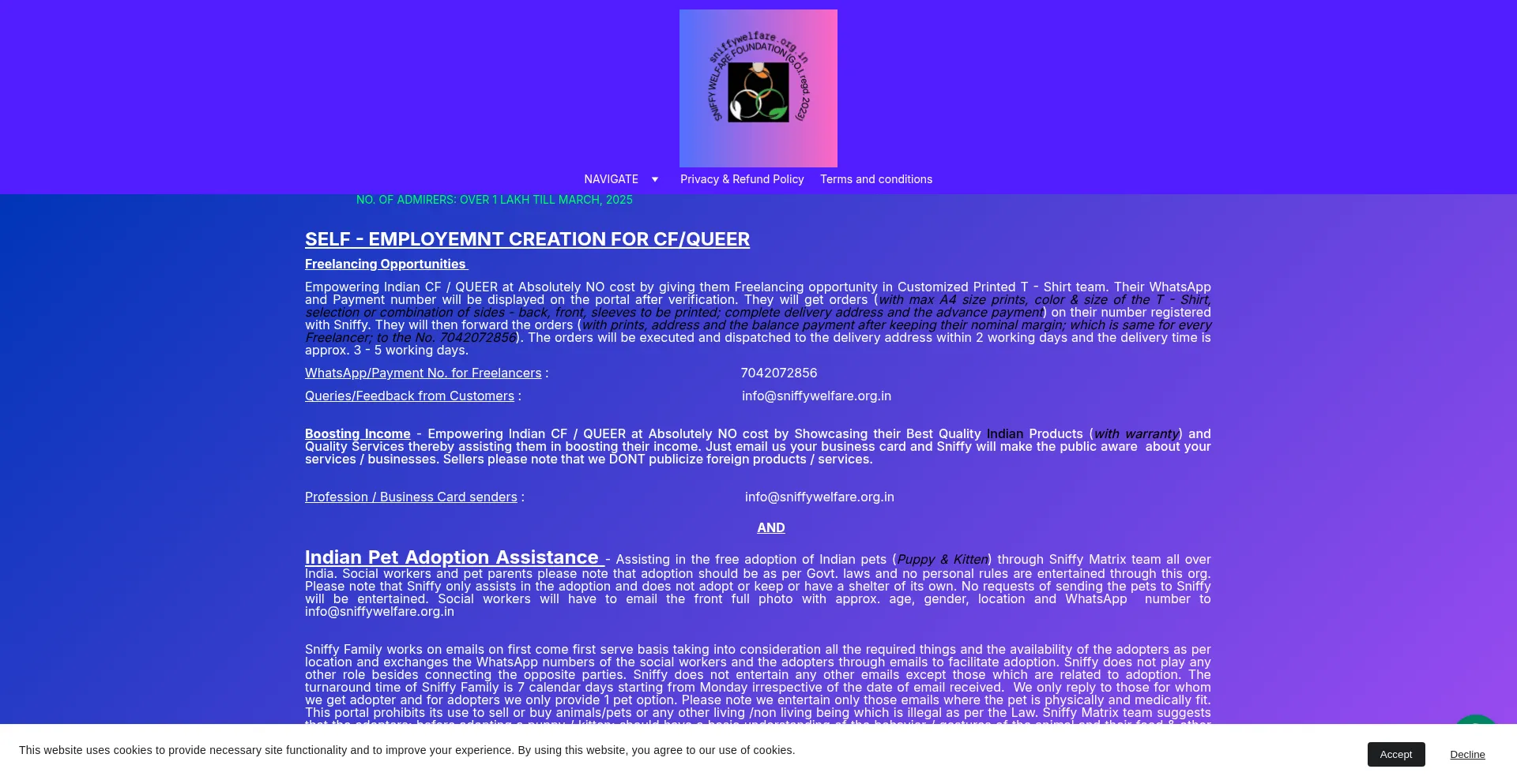 Website screenshot of Sniffywelfare.org.in