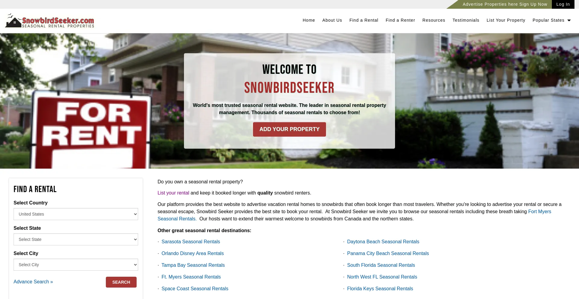 Website screenshot of Snowbirdseeker.com
