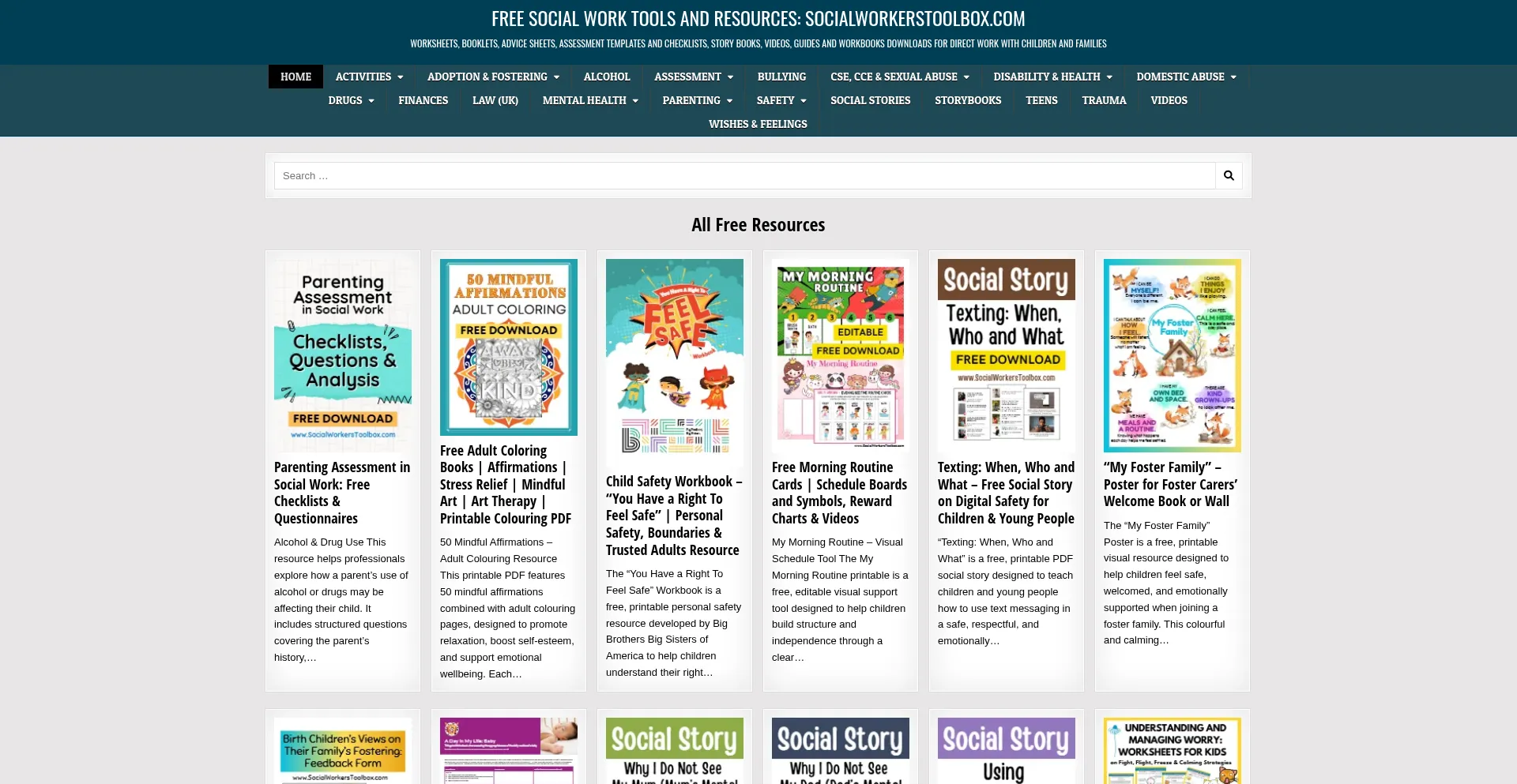 Website screenshot of Socialworkerstoolbox.com