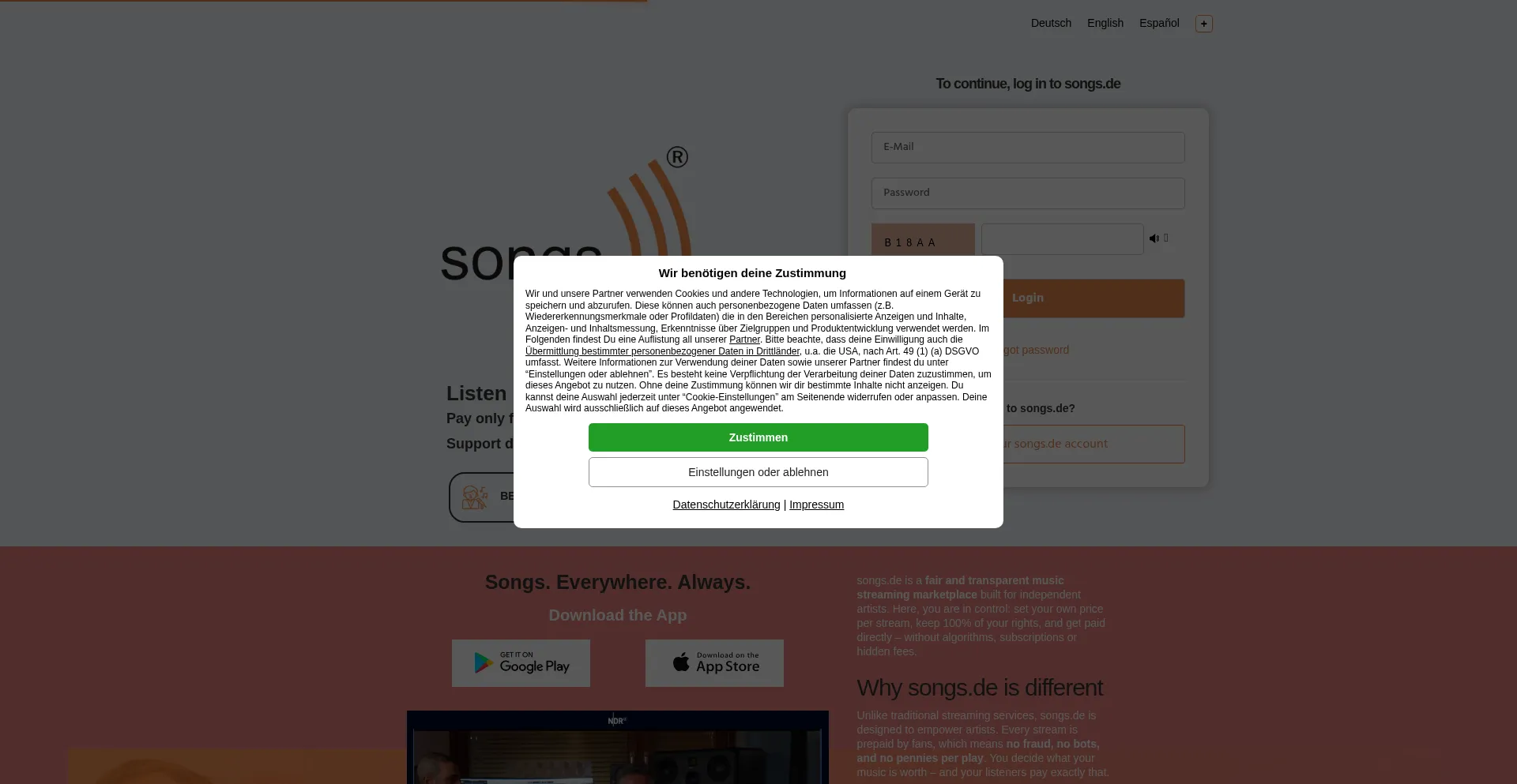 Website screenshot of Songs.de