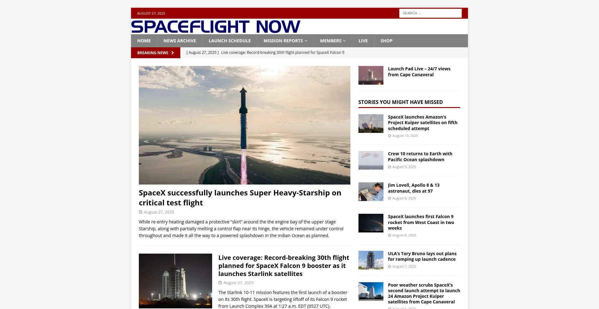 Website screenshot of Spaceflightnow.com