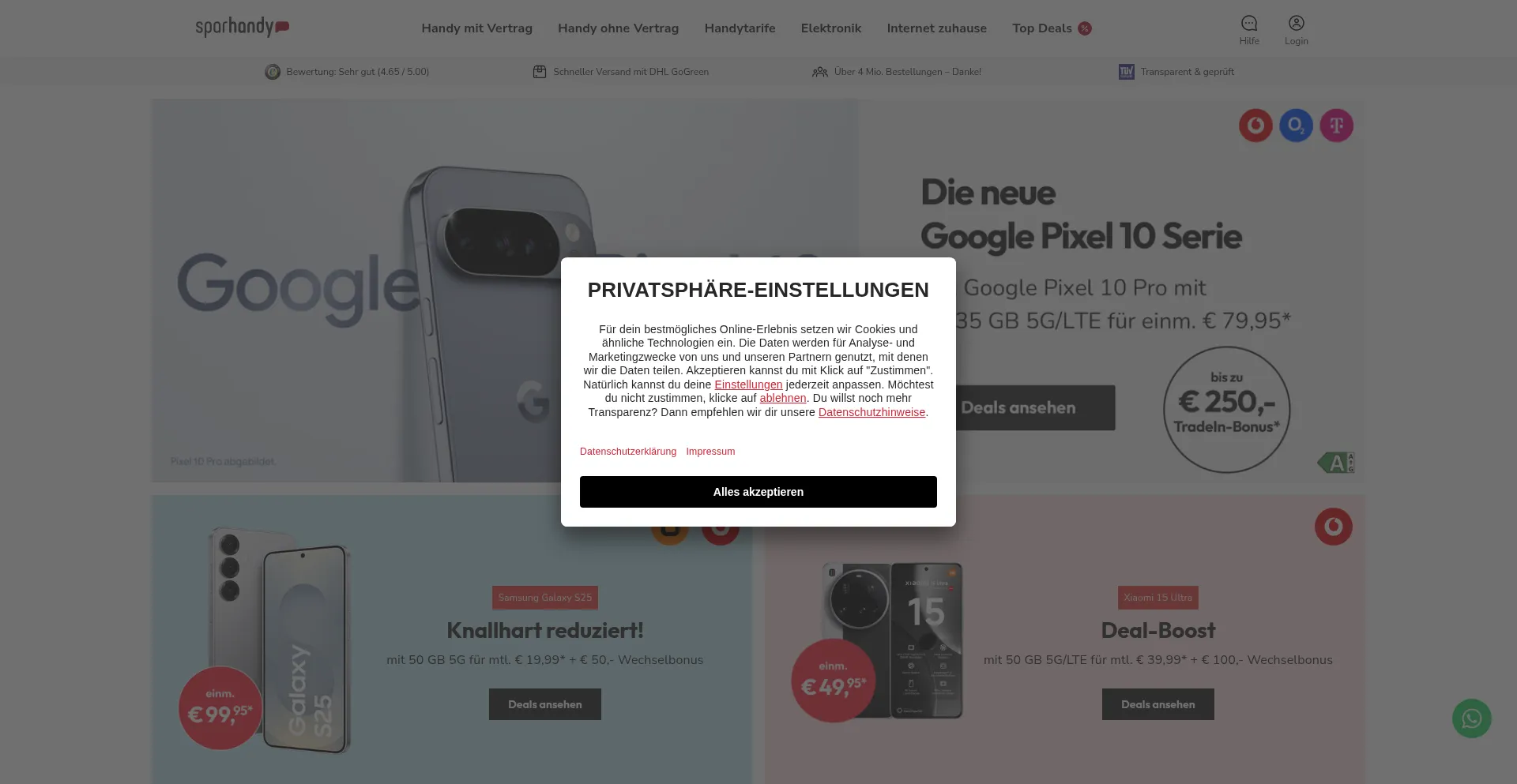 Website screenshot of Sparhandy.de