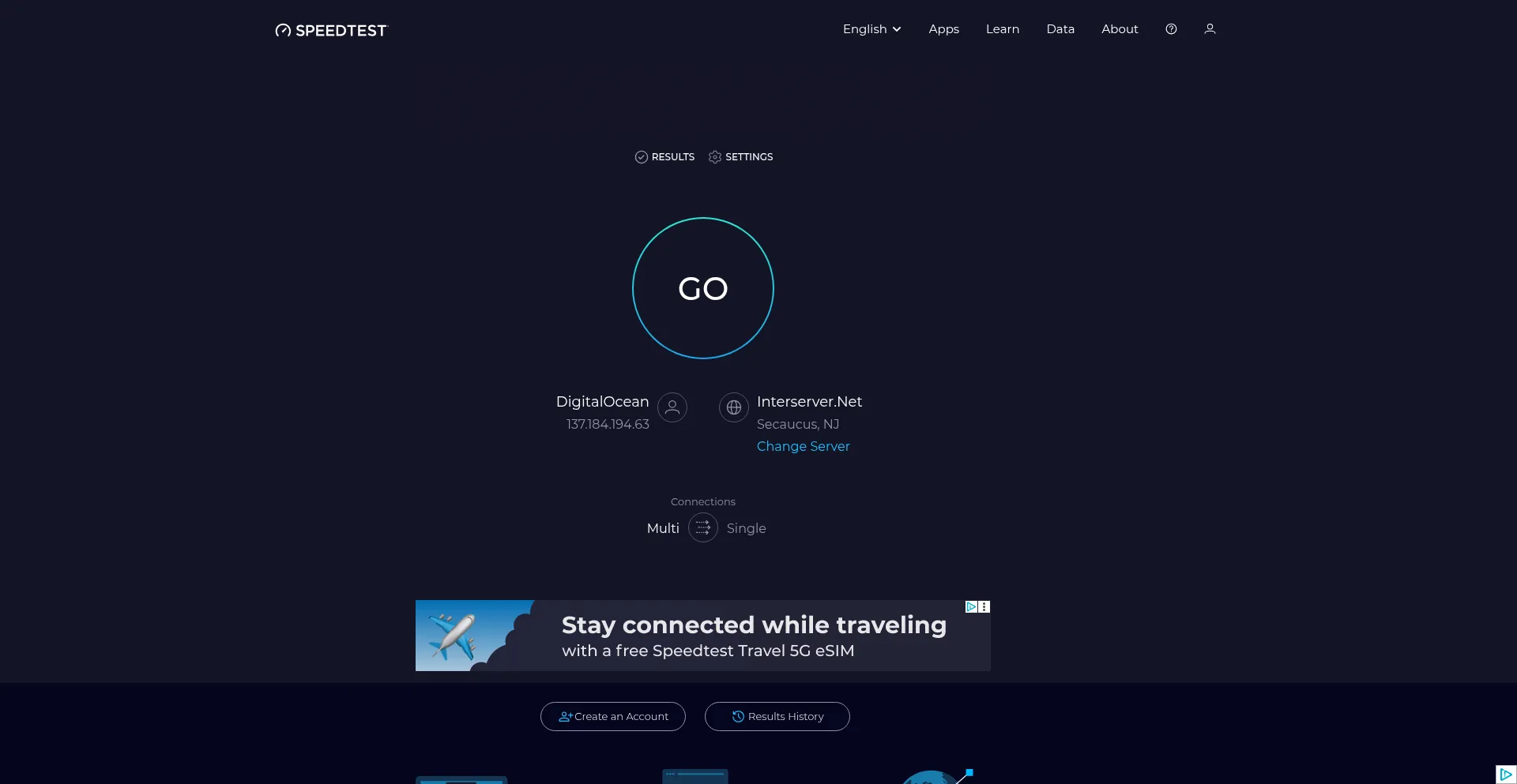 Website screenshot of Speedtest.net