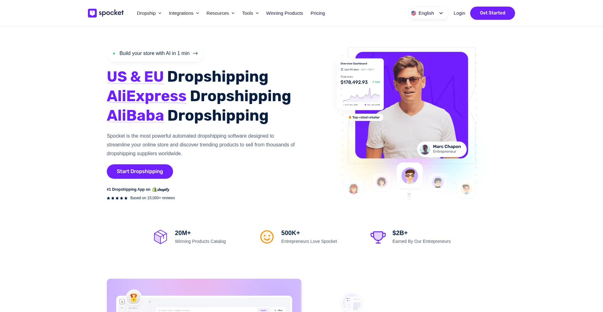 Website screenshot of Spocket.co