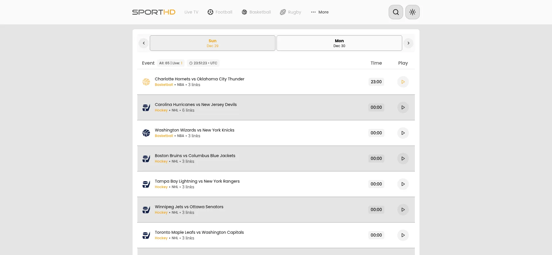 Website screenshot of Sporthd.live