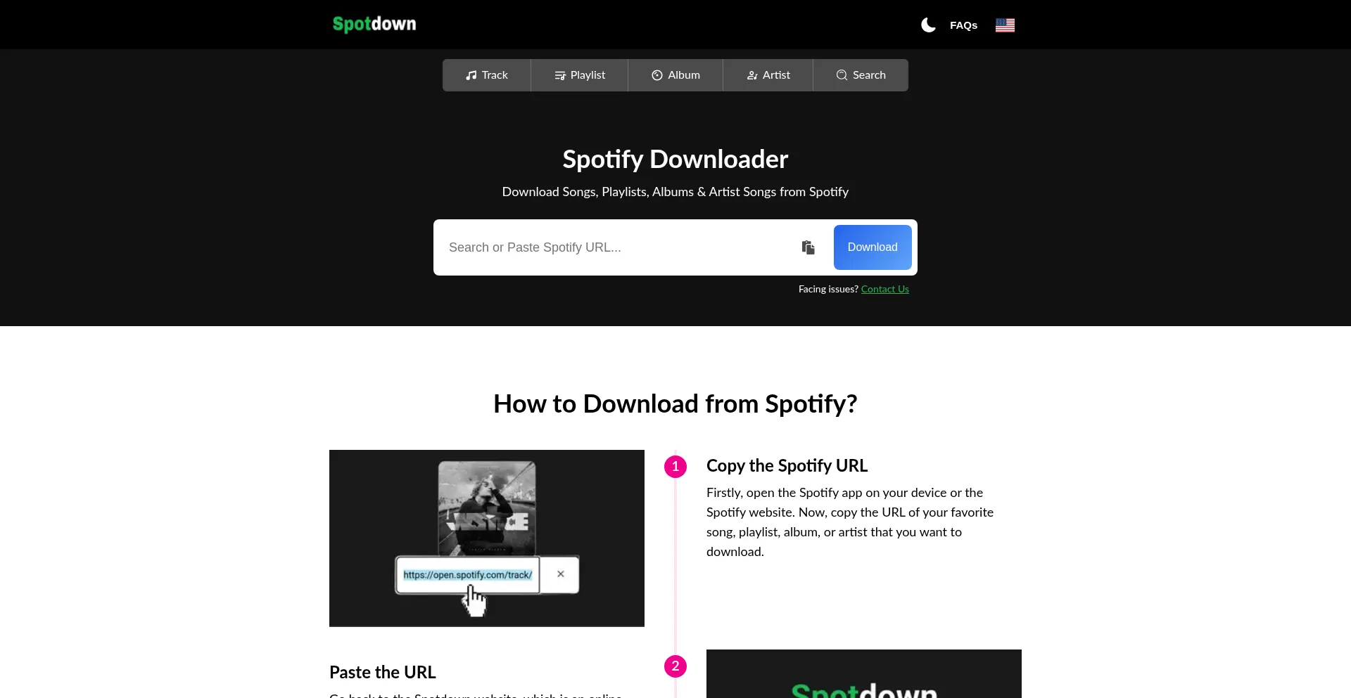 Website screenshot of Spotdown.app