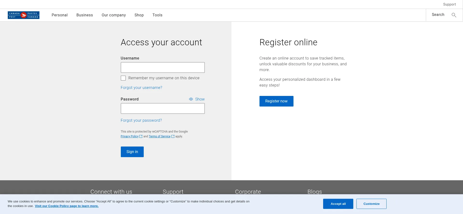 Website screenshot of Sso-osu.canadapost-postescanada.ca