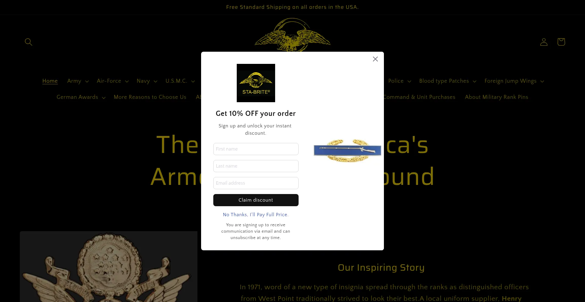 Website screenshot of Stabriteinsignia.com