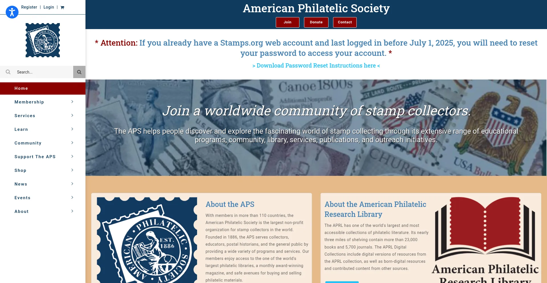 Website screenshot of Stamps.org