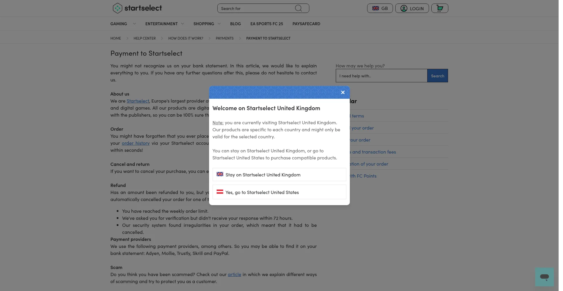 Website screenshot of Startselect.help