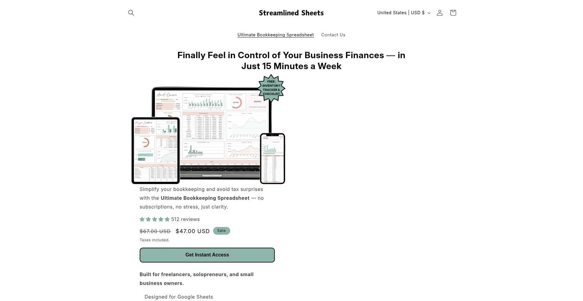Website screenshot of Streamlinedsheets.com