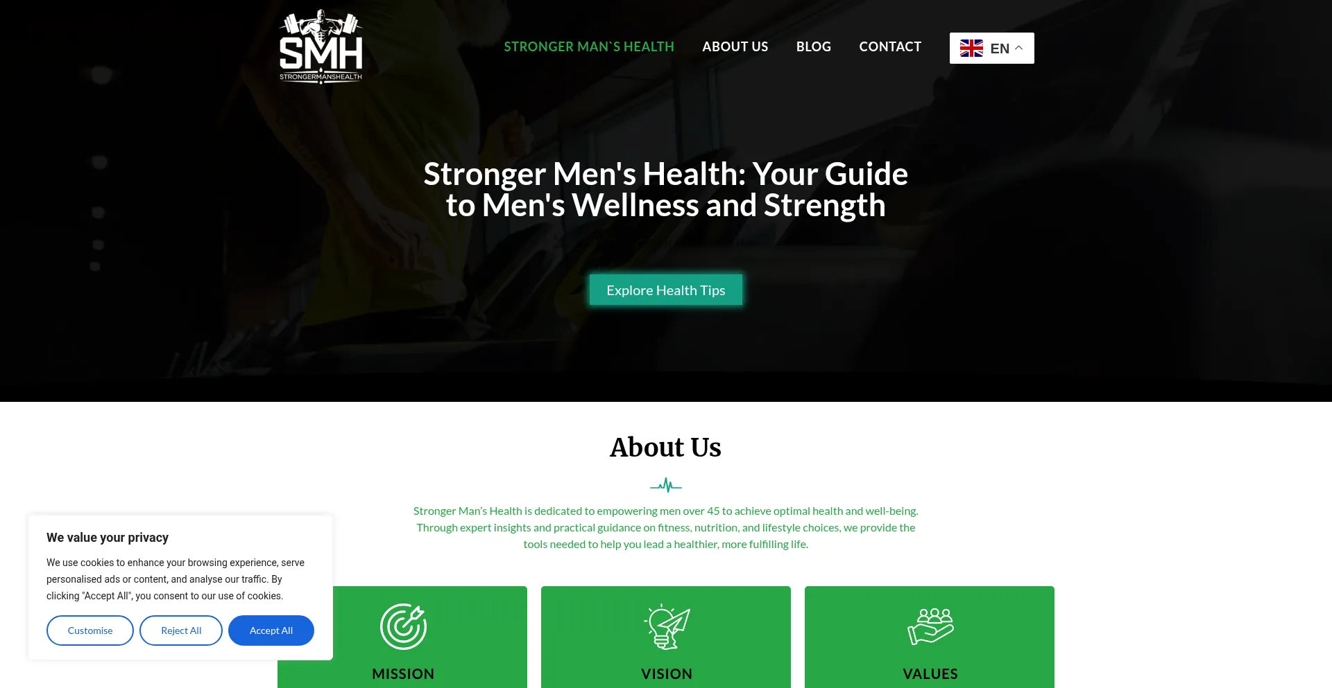 Website screenshot of Strongermanshealth.com