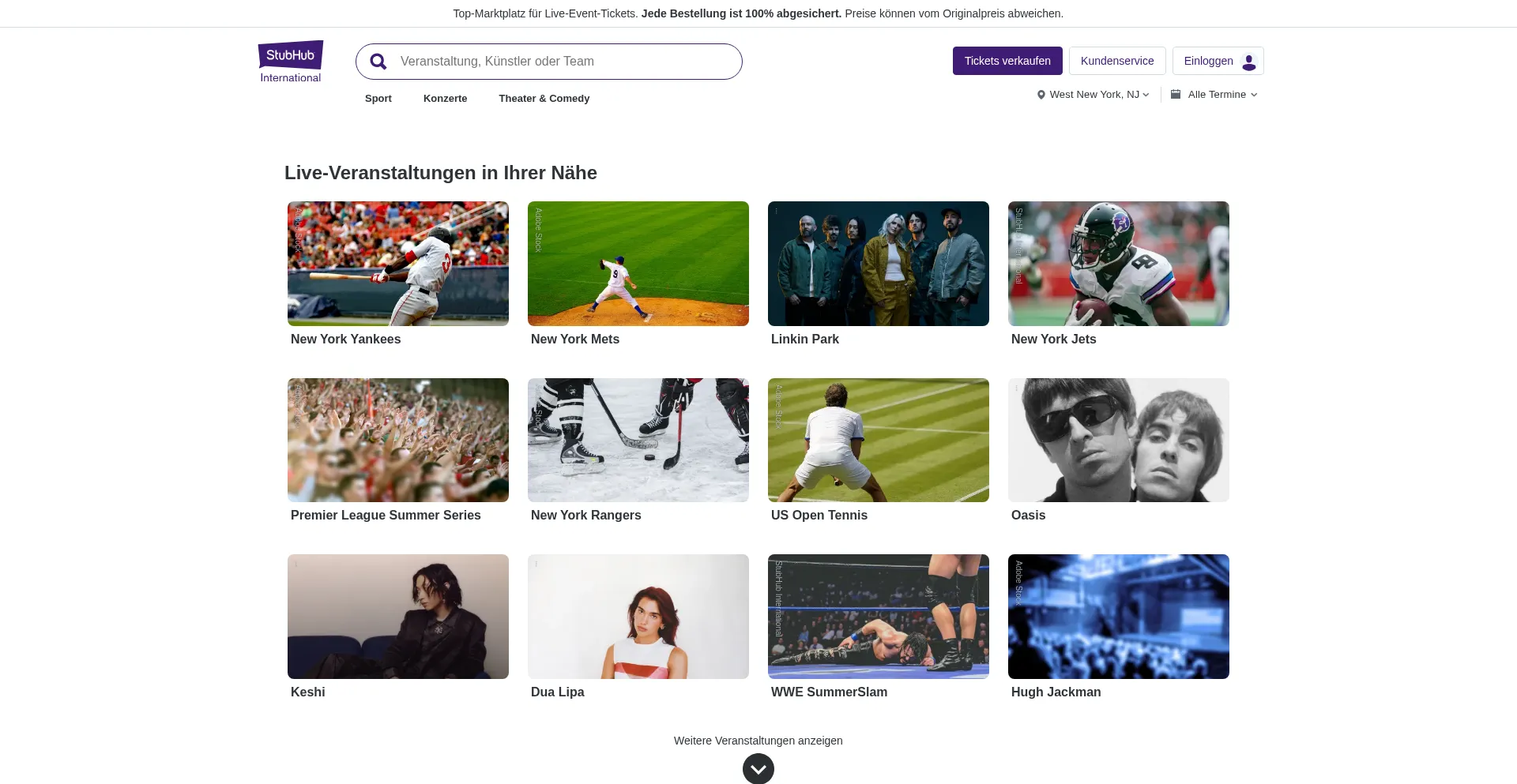 Website screenshot of Stubhub.co.at