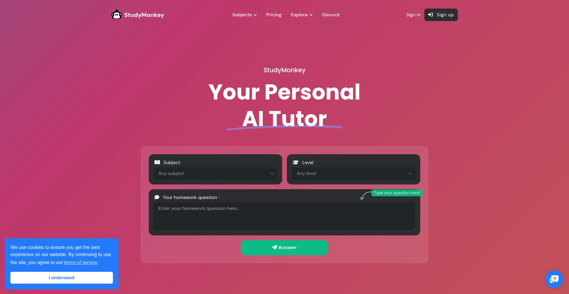 Website screenshot of Studymonkey.ai