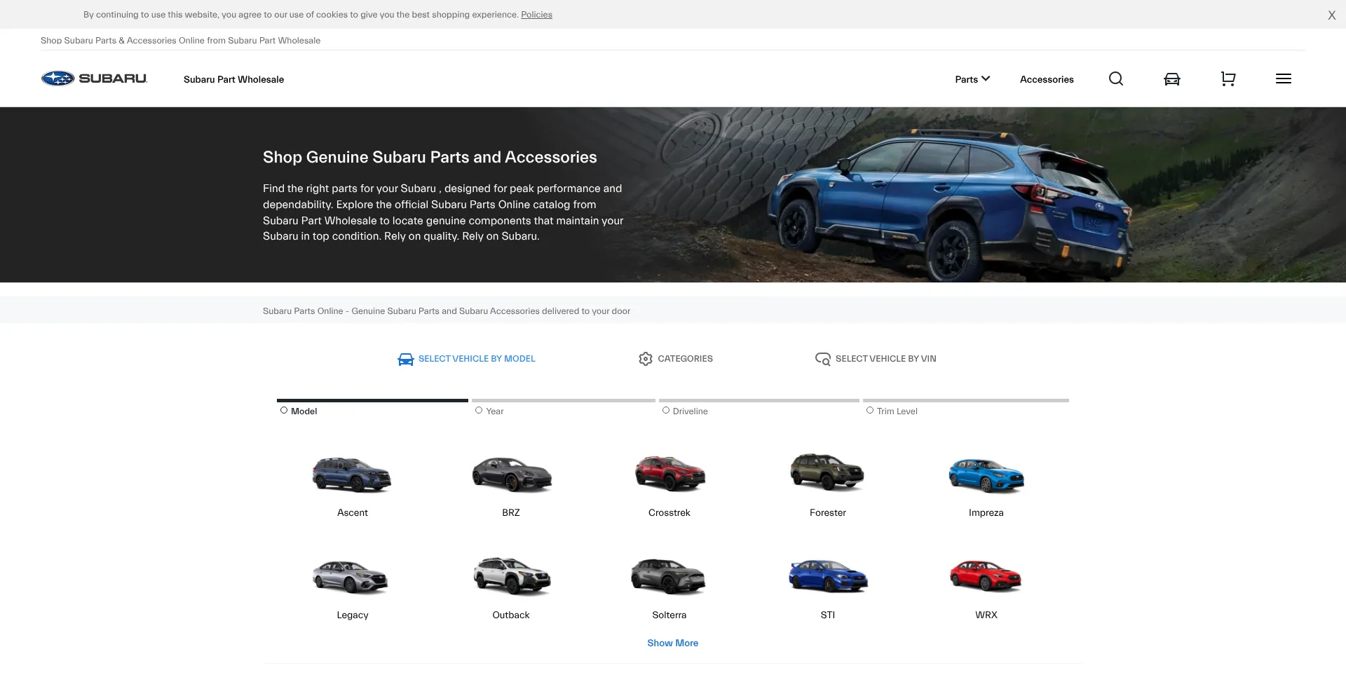 Website screenshot of Subarupartwholesale.com