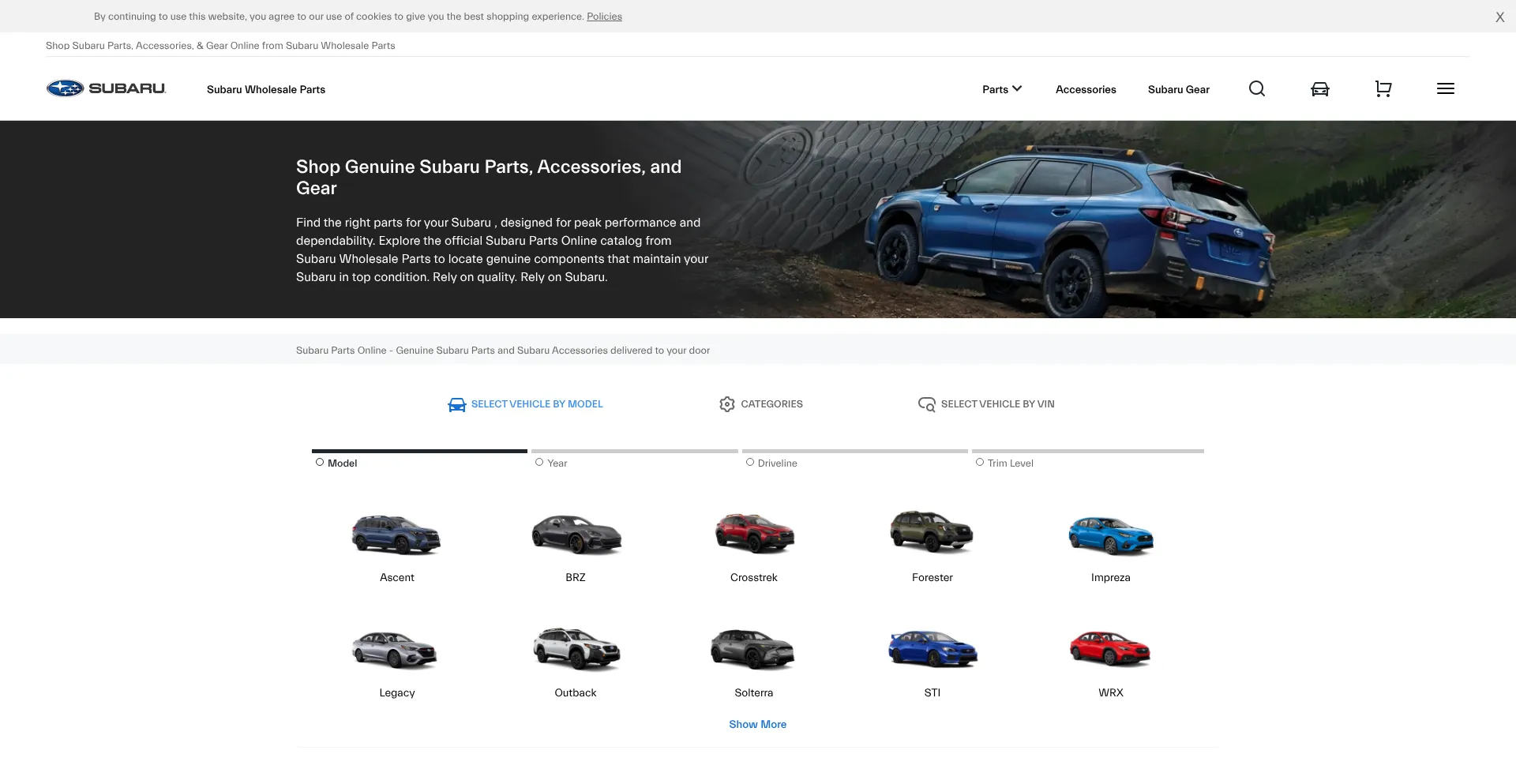 Website screenshot of Subaruwholesaleparts.com